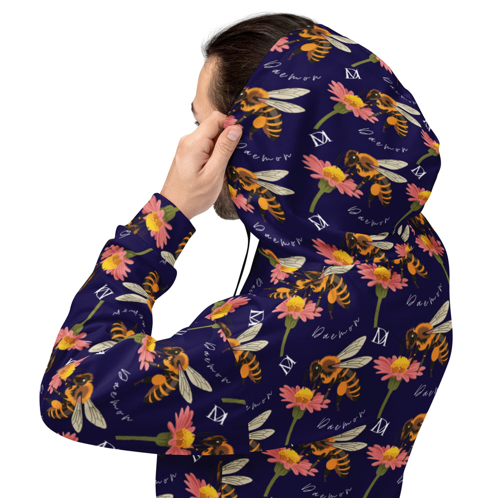 Daemon Luxury Honeybee Shores Gardena Oceanic unisex white hoodie with all-over ocean-themed print and recycled fabric.