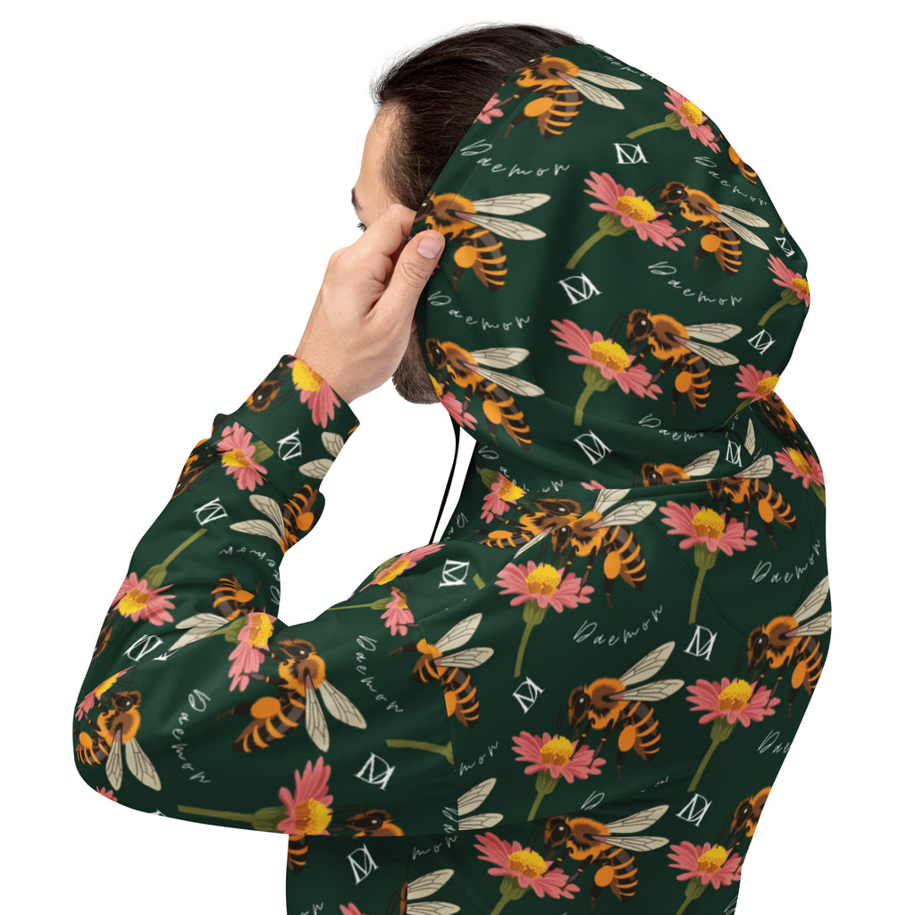 Recycled white unisex hoodie with all-over honeybee shores print and hood, by Daemon Luxury.