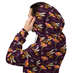Daemon Luxury Honeybee Shores Gardena Dusk unisex hoodie with all-over white recycled print and hood, back view.