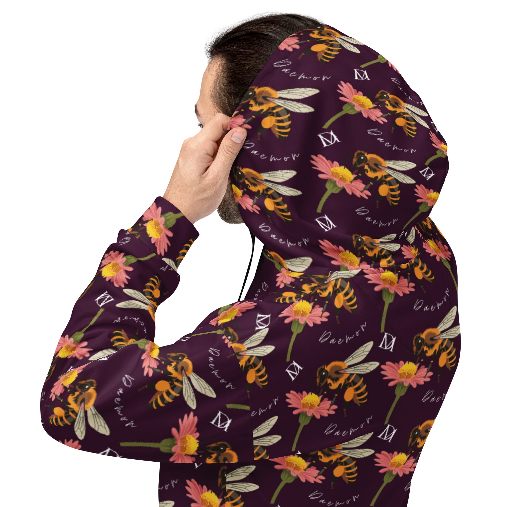 Daemon Luxury Honeybee Shores Gardena Dusk unisex hoodie with all-over white recycled print and hood, back view.
