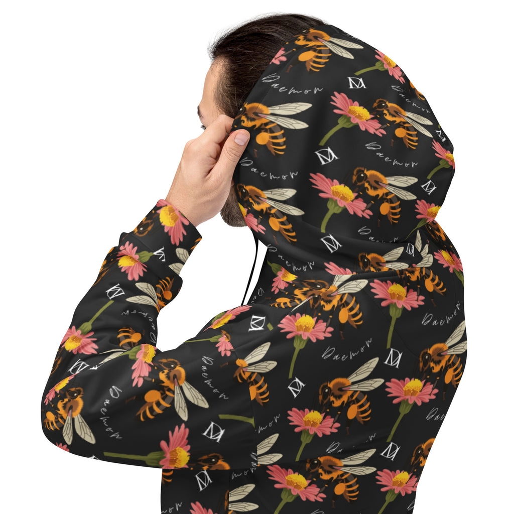 Recycled white unisex hoodie with all-over print featuring Honeybee Shores design by Daemon Luxury, front and back view.