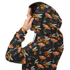 Recycled white unisex hoodie with all-over print featuring Honeybee Shores design by Daemon Luxury, front and back view.