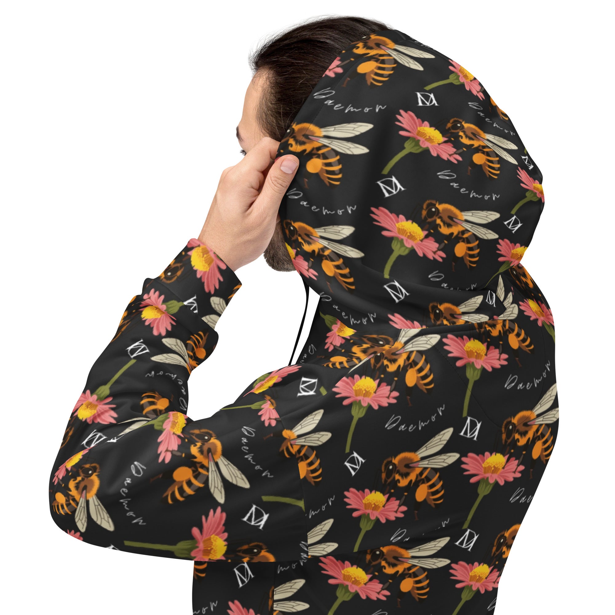 Recycled white unisex hoodie with all-over print featuring Honeybee Shores design by Daemon Luxury, front and back view.