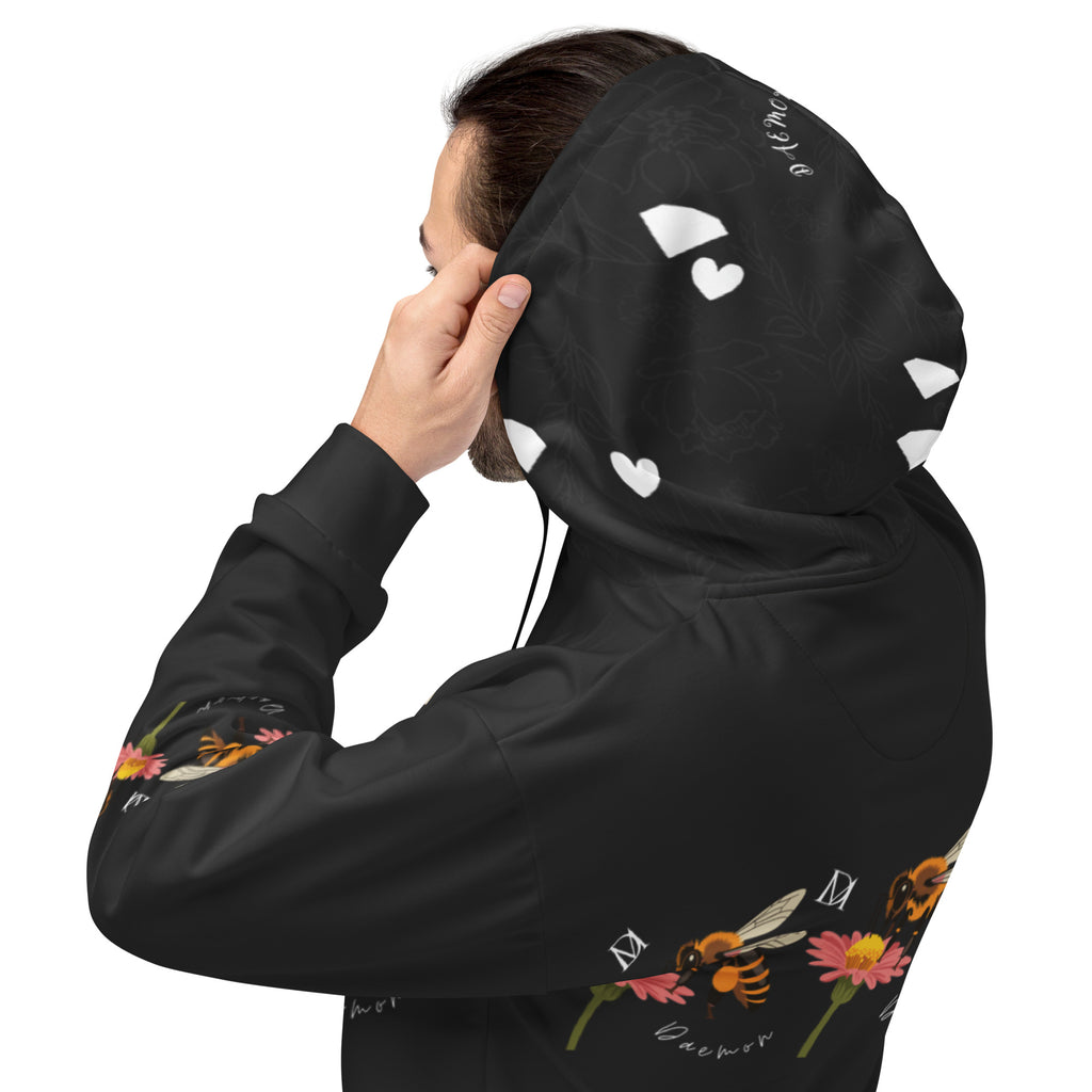 Daemon Luxury Florette Rebirth Honeybee Nights unisex recycled hoodie with all-over white print and hood.