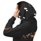 Daemon Luxury Florette Rebirth Honeybee Nights unisex recycled hoodie with all-over white print and hood.