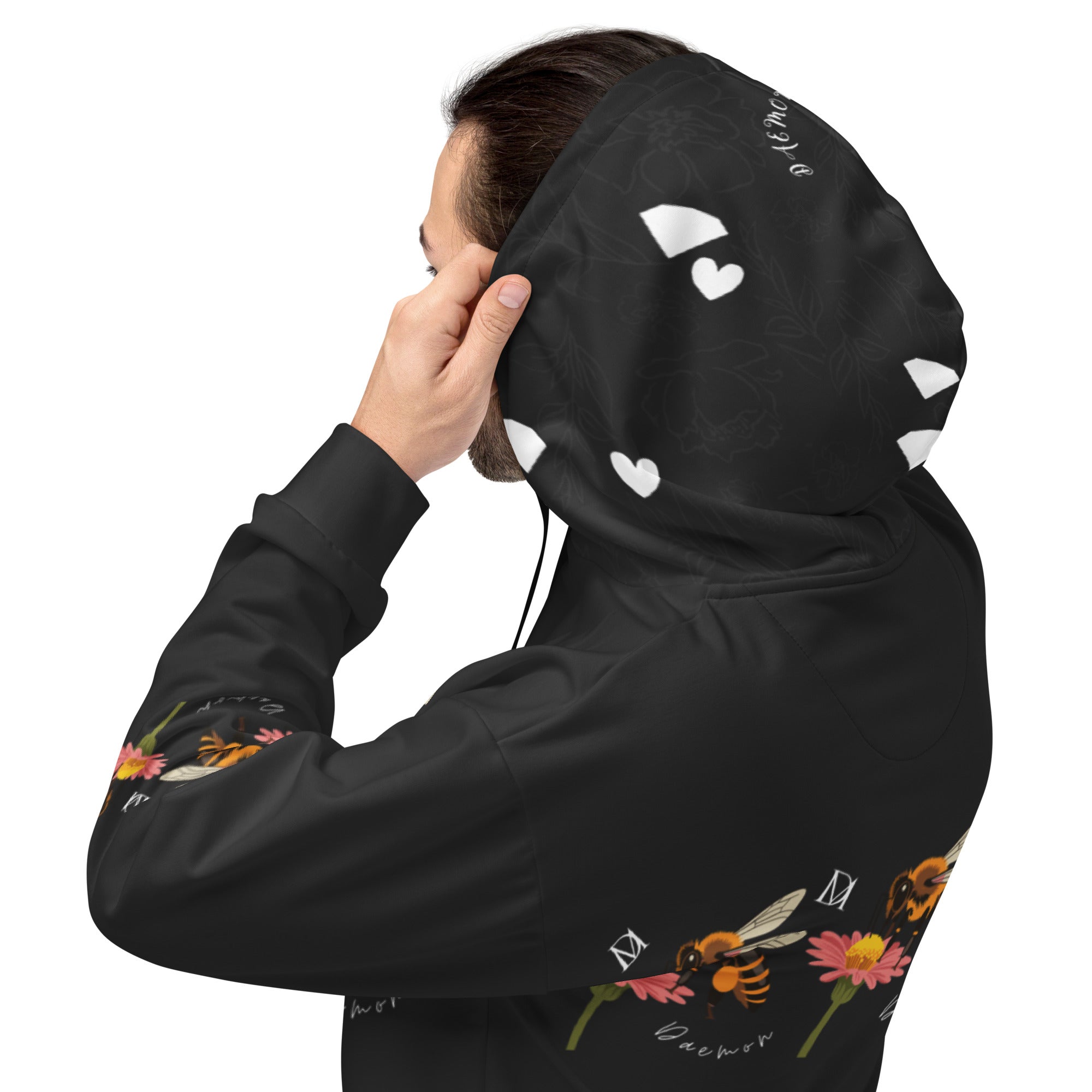 Daemon Luxury Florette Rebirth Honeybee Nights unisex recycled hoodie with all-over white print and hood.