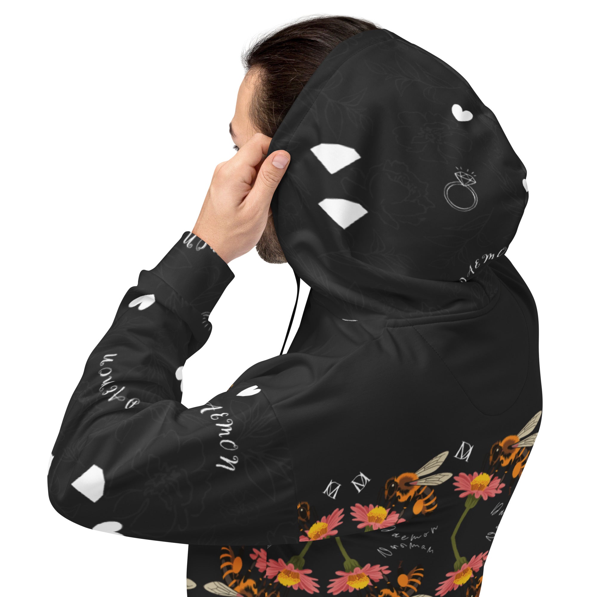 Daemon Luxury Florette Rebirth Honeybee Mirrors unisex recycled hoodie with all-over white print and hood.