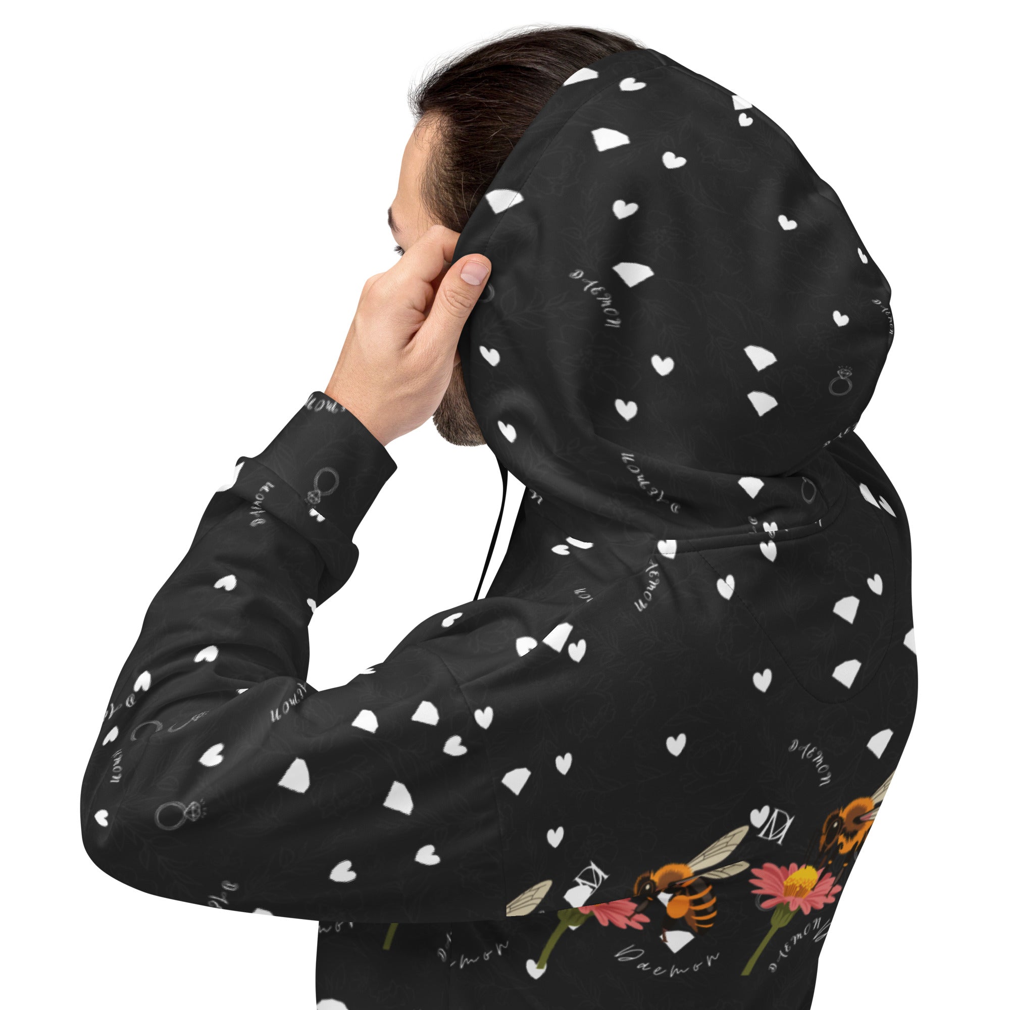 Daemon Luxury Florette Rebirth Honeybee Bliss unisex recycled hoodie with all-over print, white background, back view