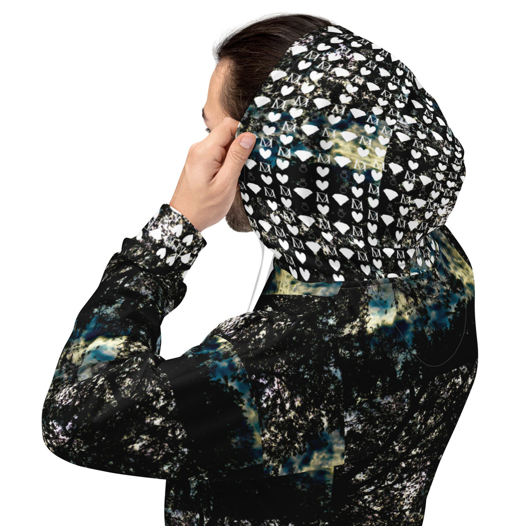 Recycled white unisex hoodie with stitched frames Panther Canyon print by Daemon Luxury, featuring a hood and all-over design.