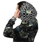 Recycled white unisex hoodie with stitched frames Panther Canyon print by Daemon Luxury, featuring a hood and all-over design.