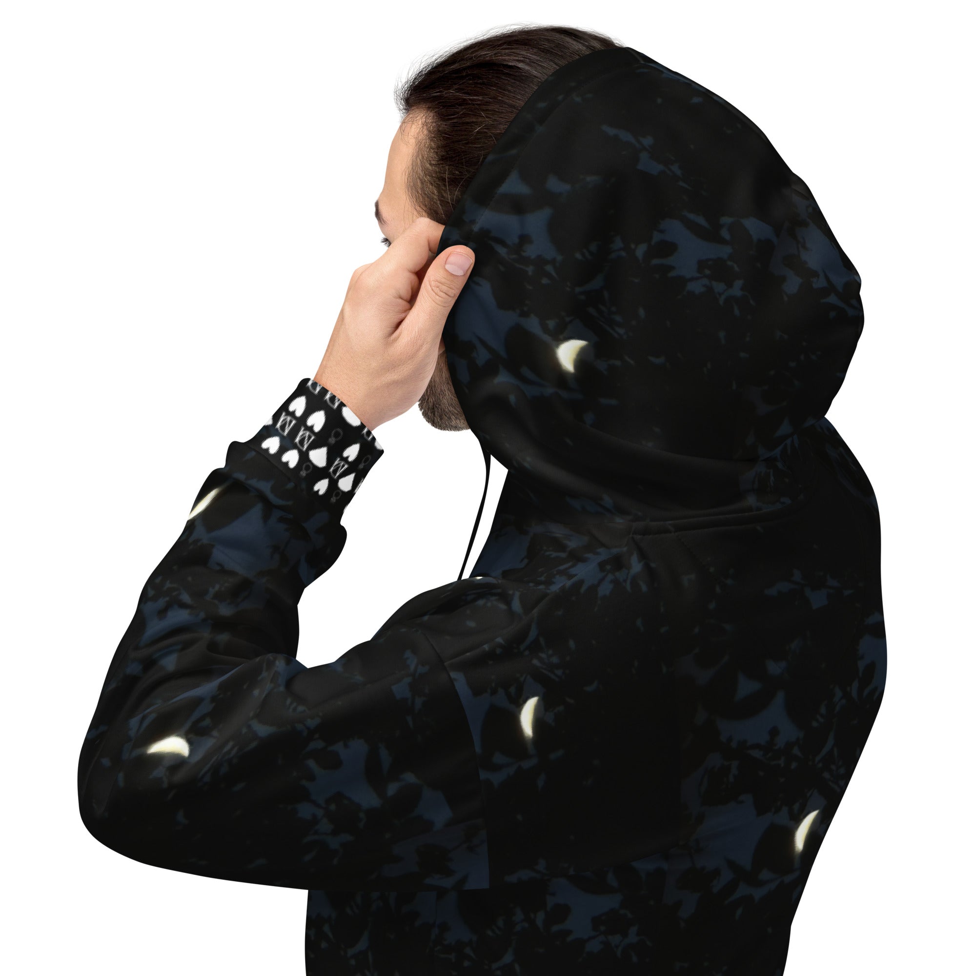 All-over print white Daemon Luxury Nightcrawler Coordinate hoodie with hood and long sleeves, unisex casual design.
