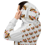 White unisex hoodie from Daemon Luxury with all-over Honeybee Shores Valley Coast print on the back.
