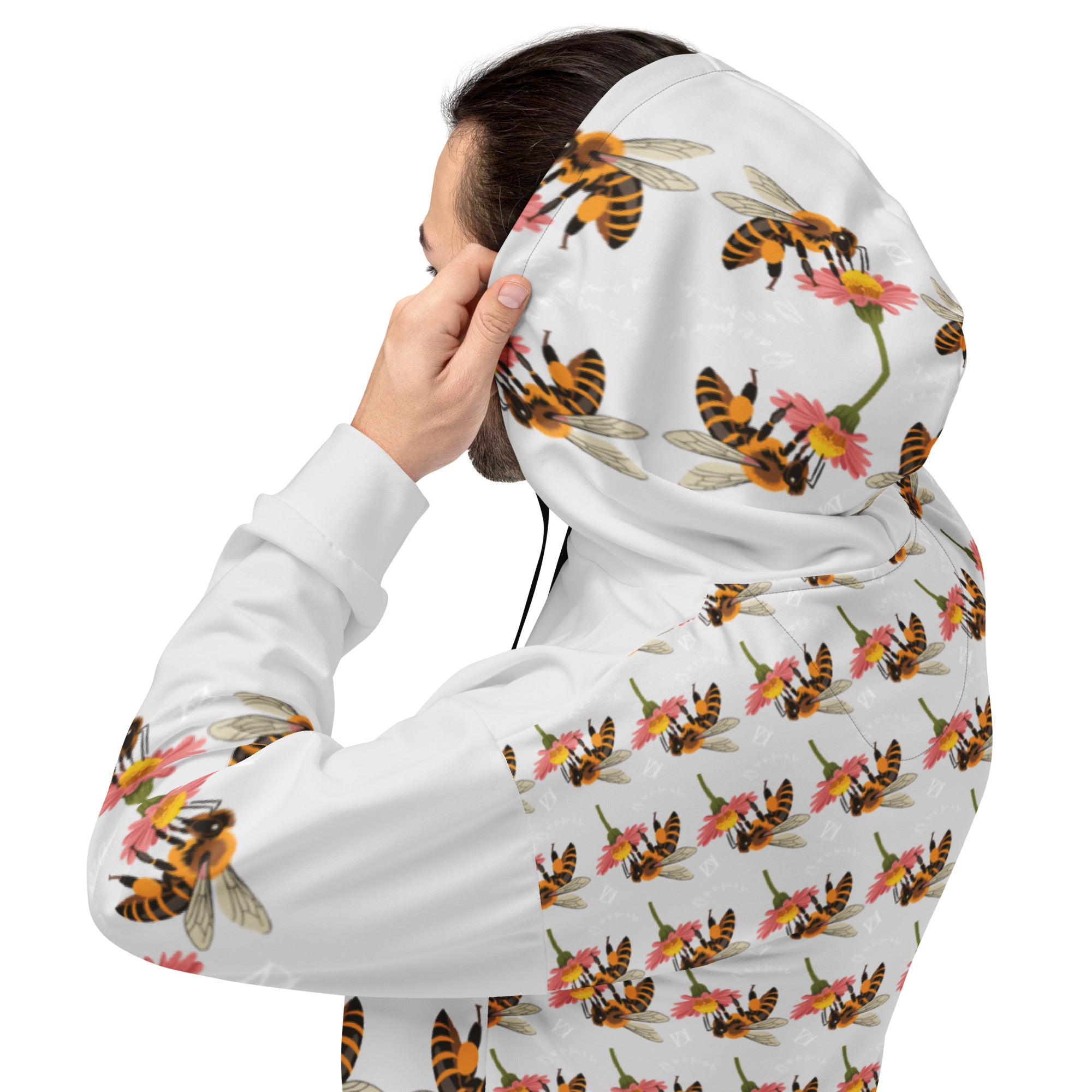 White unisex hoodie from Daemon Luxury with all-over Honeybee Shores Valley Coast print on the back.