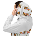 Recycled white unisex hoodie with Honeybee Shores sun-inspired all-over print by Daemon Luxury, featuring a hood and casual fit.