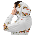 Recycled white unisex hoodie featuring Honeybee Shores Ribbed Dusk design by Daemon Luxury, with all-over print and hood.