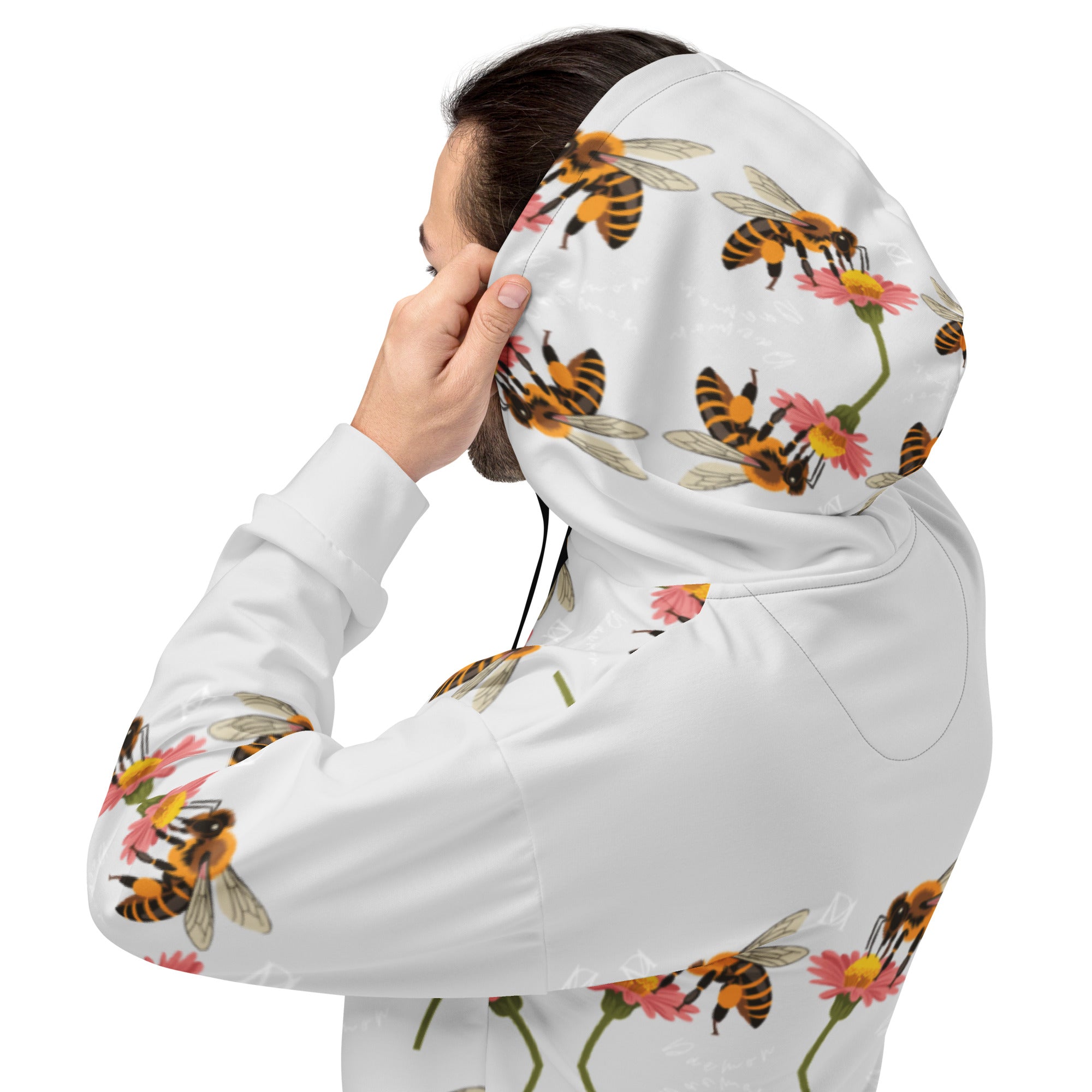 Recycled white unisex hoodie featuring Honeybee Shores Ribbed Dusk design by Daemon Luxury, with all-over print and hood.