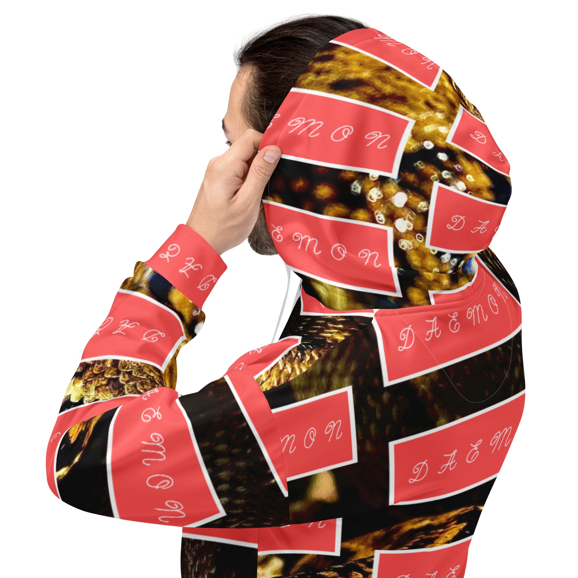 Recycled white unisex hoodie with all-over serpentine Nicaragua print by Daemon Luxury, featuring a hood and casual fit.