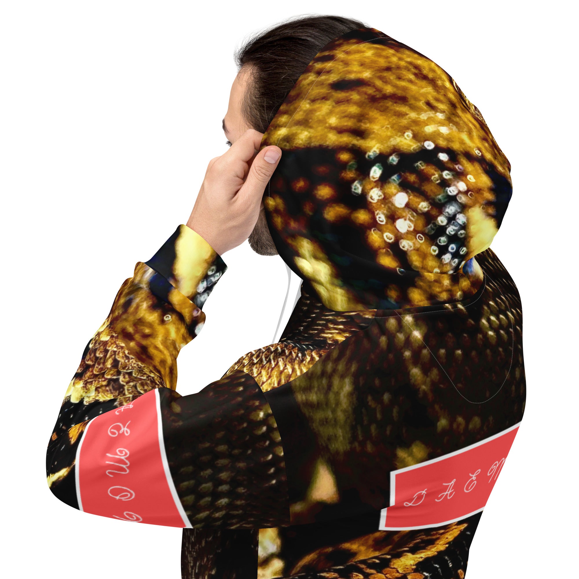 Recycled white unisex hoodie with all-over serpentine Nicaragua print, featuring a hood and casual fit from Daemon Luxury.