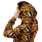Daemon Luxury Serpentine Nicaragua unisex hoodie with all-over reptile print on recycled white fabric, featuring a hood and front pocket.