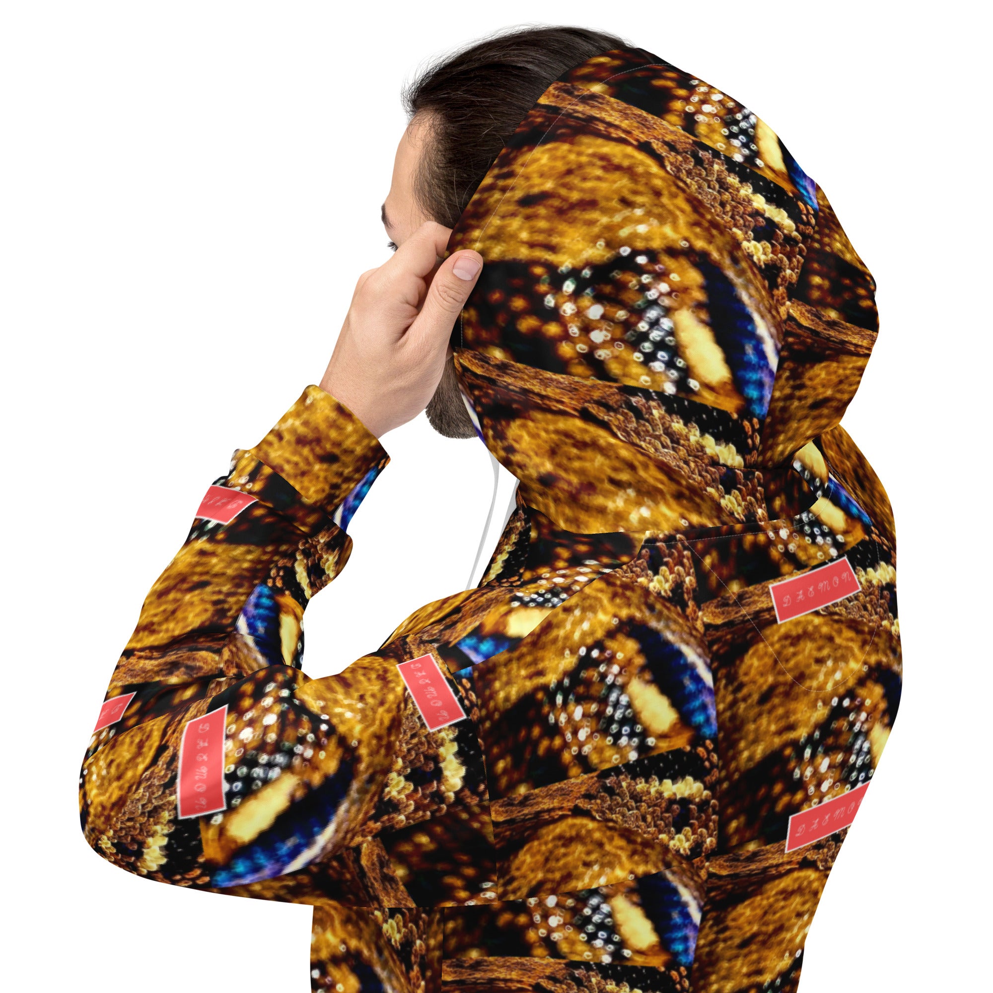 Daemon Luxury Serpentine Nicaragua unisex hoodie with all-over reptile print on recycled white fabric, featuring a hood and front pocket.