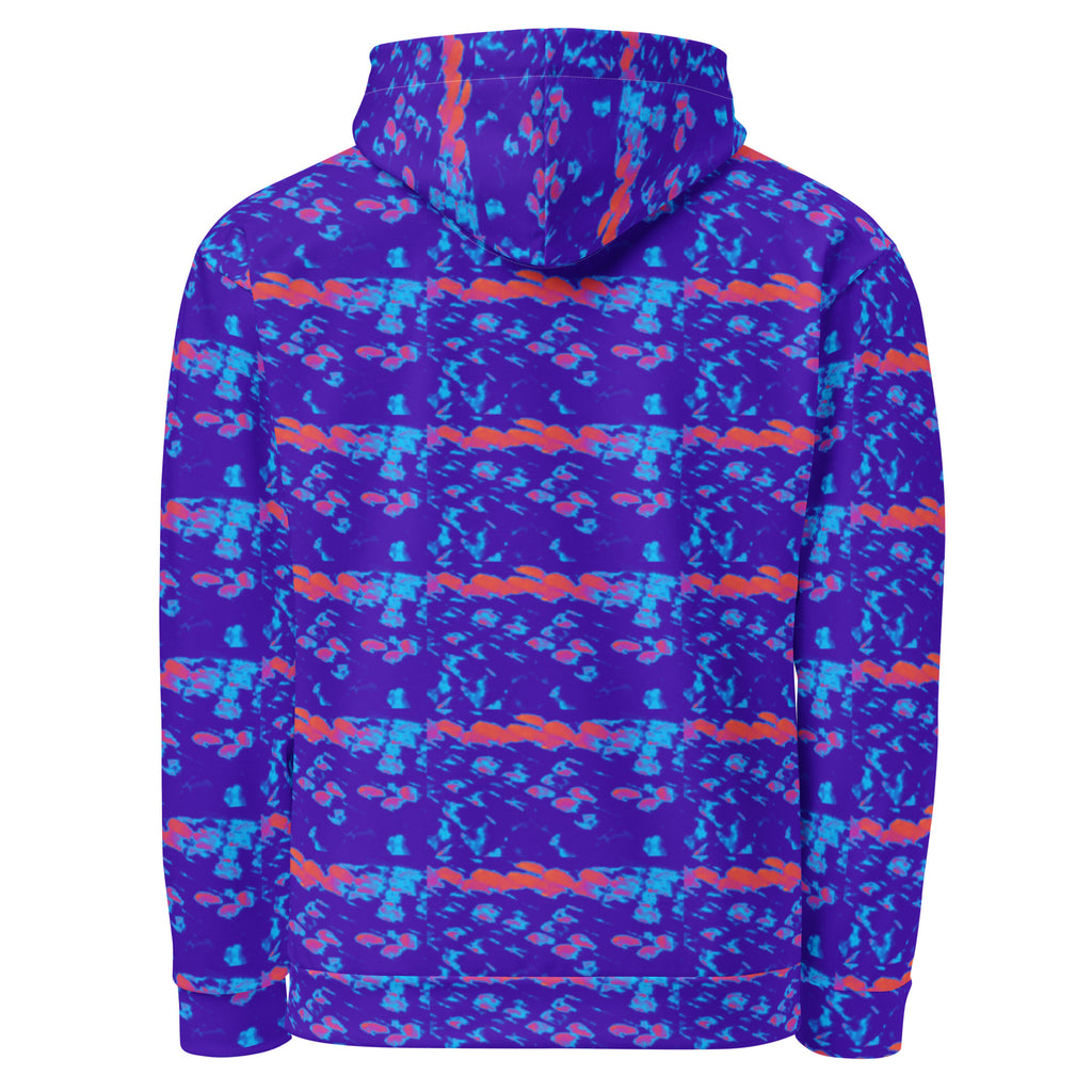 Daemon Serpentine Columbiana Therma unisex hoodie with all-over white recycled print and hood, front and back views.