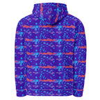 Daemon Serpentine Columbiana Therma unisex hoodie with all-over white recycled print and hood, front and back views.
