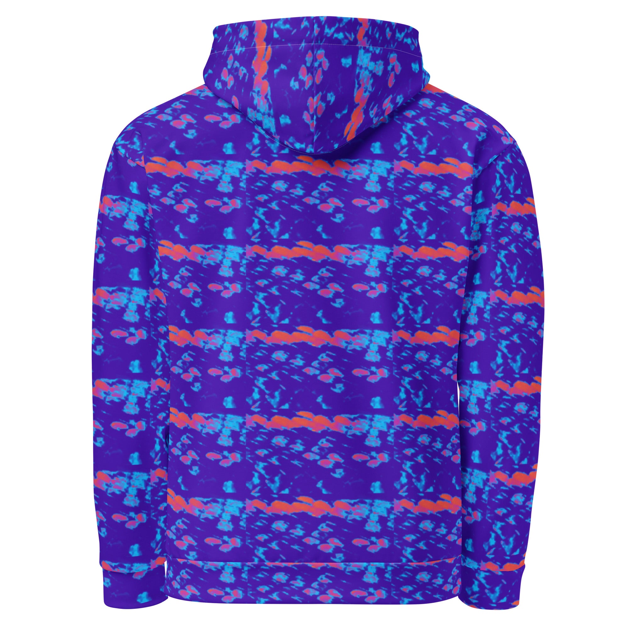 Daemon Serpentine Columbiana Therma unisex hoodie with all-over white recycled print and hood, front and back views.