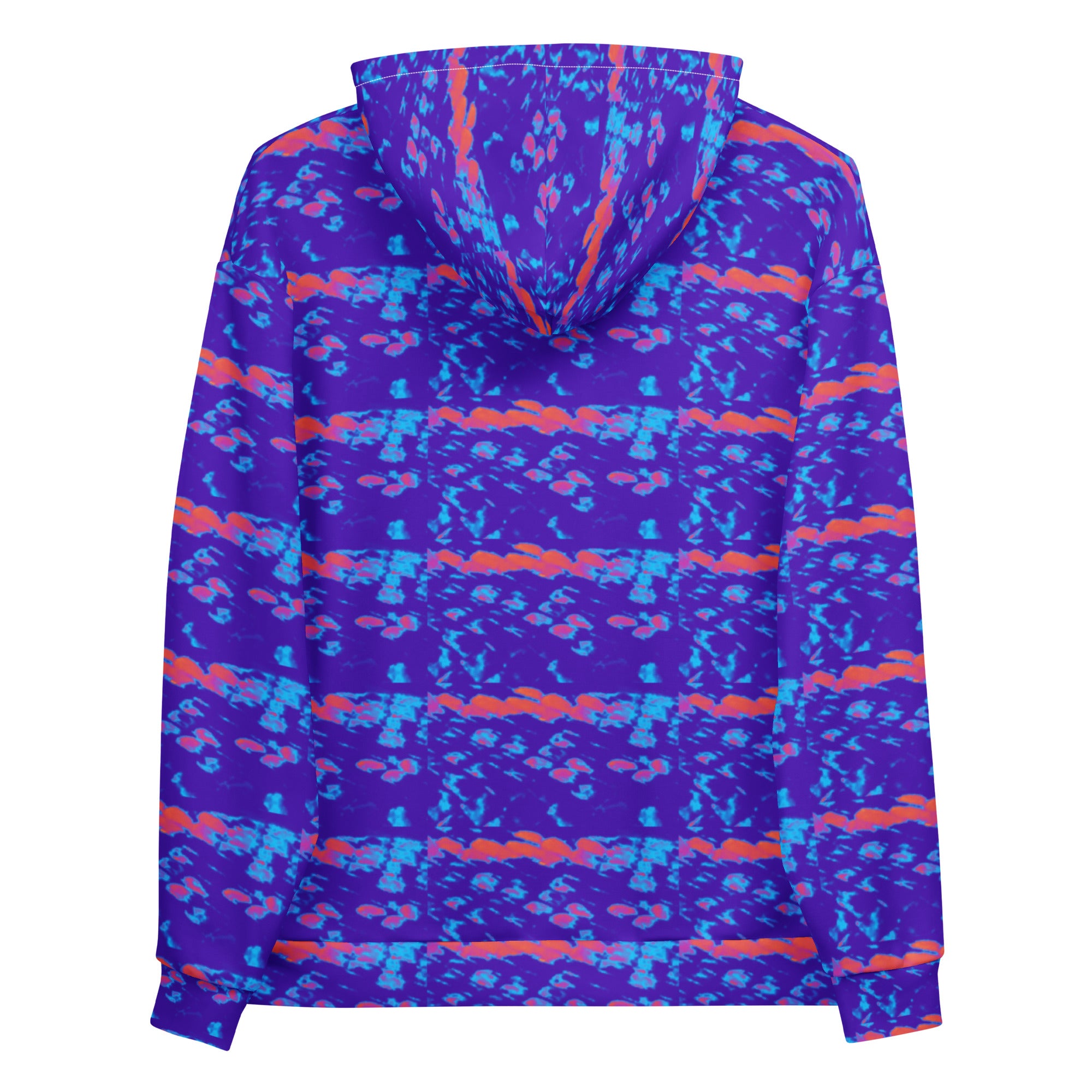 Daemon Serpentine Columbiana Therma unisex hoodie with all-over white recycled print and hood, showcasing vibrant serpentine design.