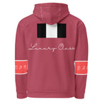 Unisex hoodie with all-over print featuring rich ruby stones design, white background, by Daemon, casual streetwear style.