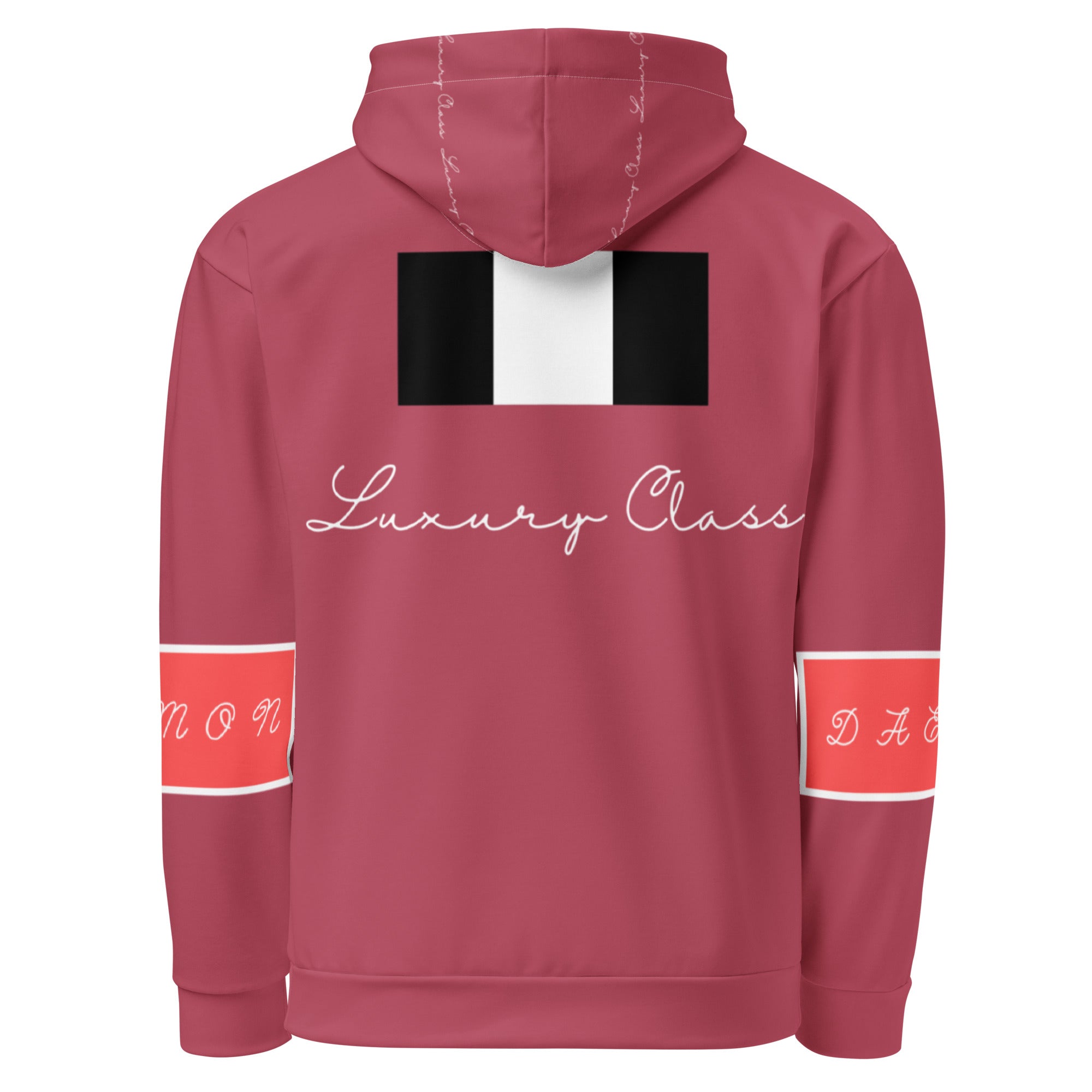 Unisex hoodie with all-over print featuring rich ruby stones design, white background, by Daemon, casual streetwear style.