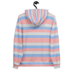 Recycled white unisex hoodie with Love Lines and Felpa Cappucio print by Daemon, featuring all-over colorful pattern on the back.