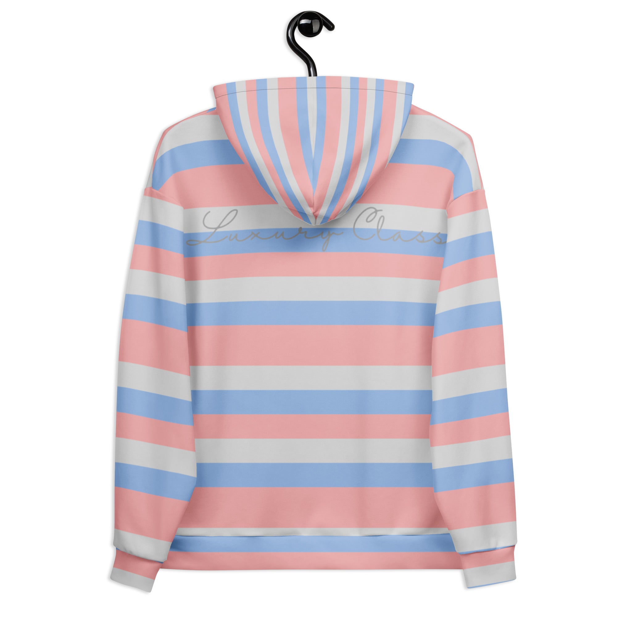 Recycled white unisex hoodie with Love Lines and Felpa Cappucio print by Daemon, featuring all-over colorful pattern on the back.