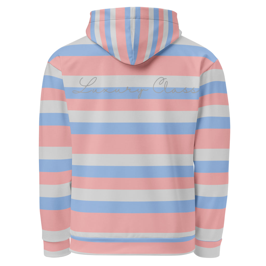Unisex white recycled hoodie with all-over Love Lines print and hood, by Daemon, shown from the back.