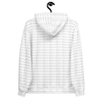 Recycled white unisex hoodie with all-over cursive mirror print and hood, designed by Daemon for a stylish casual look.