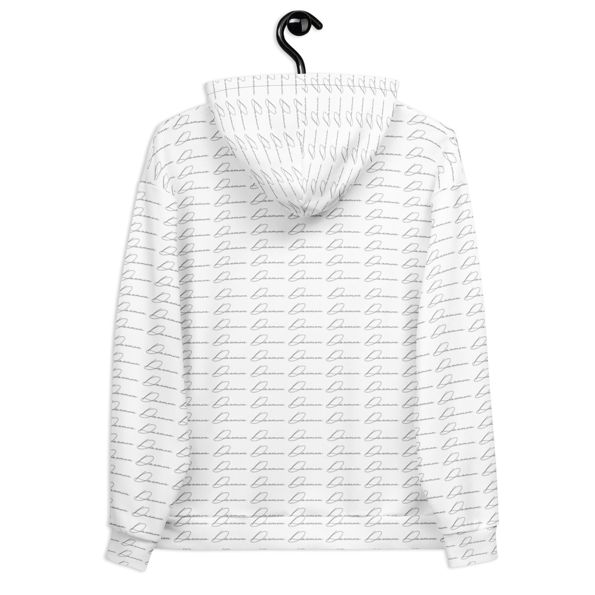 Recycled white unisex hoodie with all-over cursive mirror print and hood, designed by Daemon for a stylish casual look.