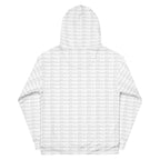Daemon Cursive Mirrors Felpa Cappucio recycled unisex hoodie with all-over white print, featuring artistic mirror designs on the back.