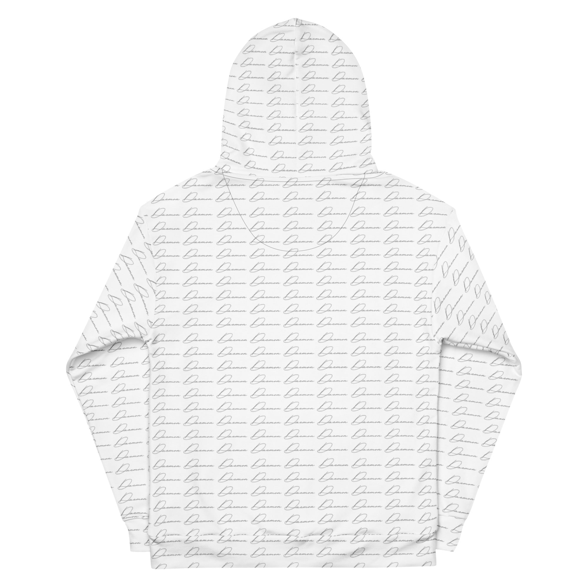 Daemon Cursive Mirrors Felpa Cappucio recycled unisex hoodie with all-over white print, featuring artistic mirror designs on the back.