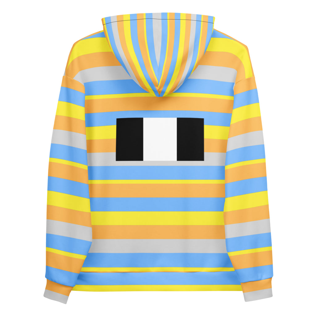 Daemon Pacific Fire Brighter Days all-over-print recycled unisex hoodie with white back and vibrant fire design.