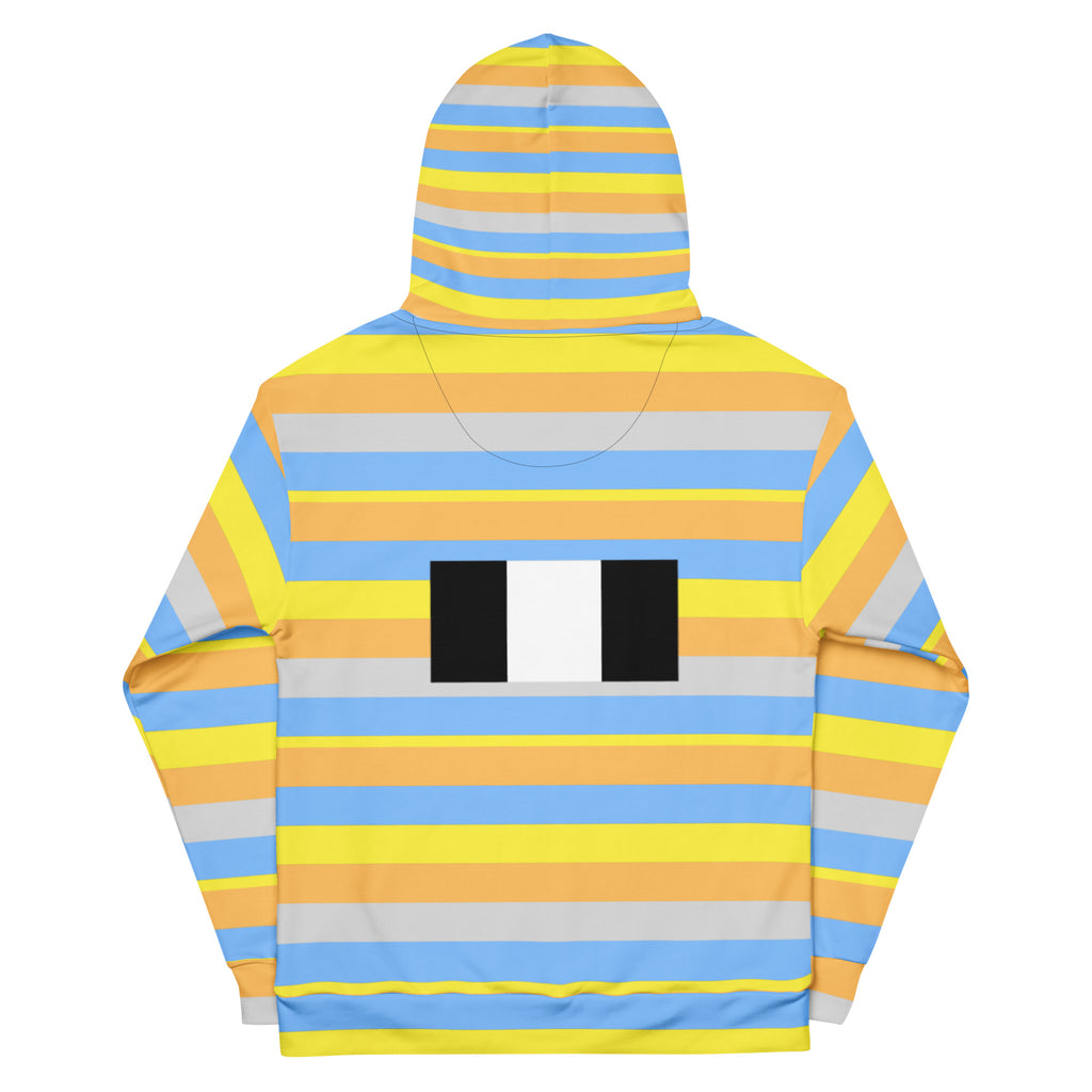 Daemon Pacific Fire Brighter Days unisex recycled hoodie with all-over white print and front pouch pocket.