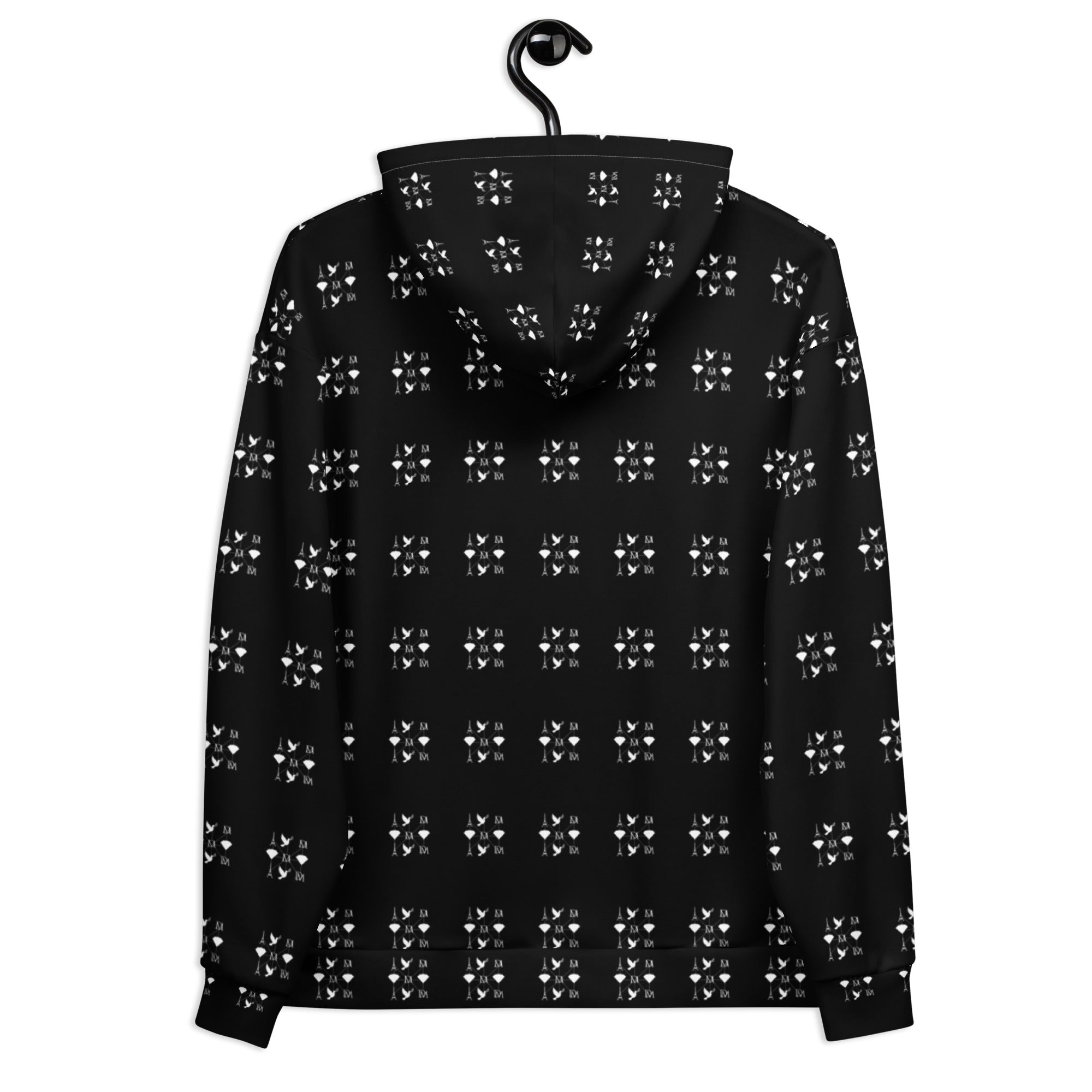 Daemon Makara Coroner unisex hoodie with all-over white recycled print, featuring a hood and casual fit.