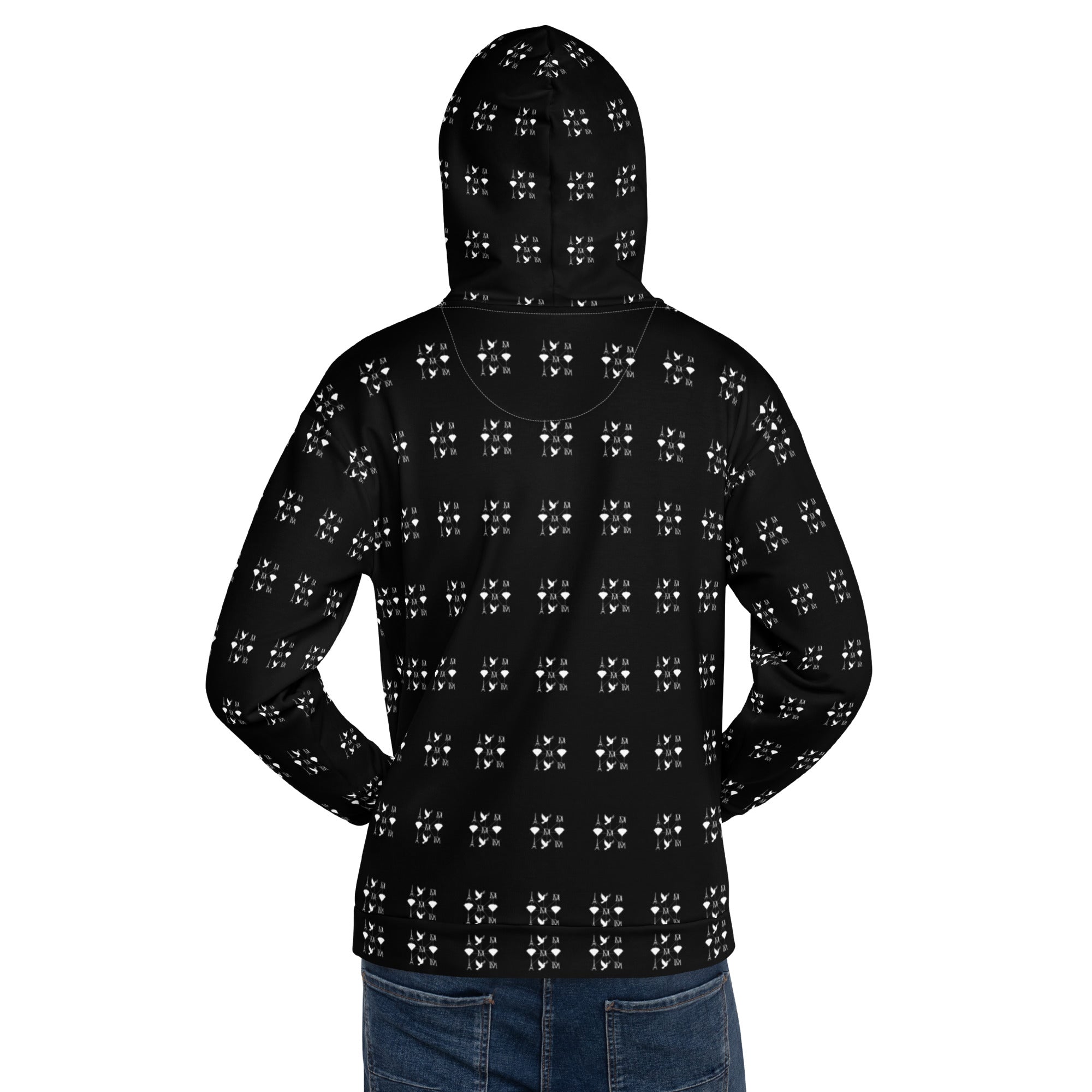 Daemon Makara Coroner unisex hoodie with all-over white recycled print and hood, casual streetwear style.