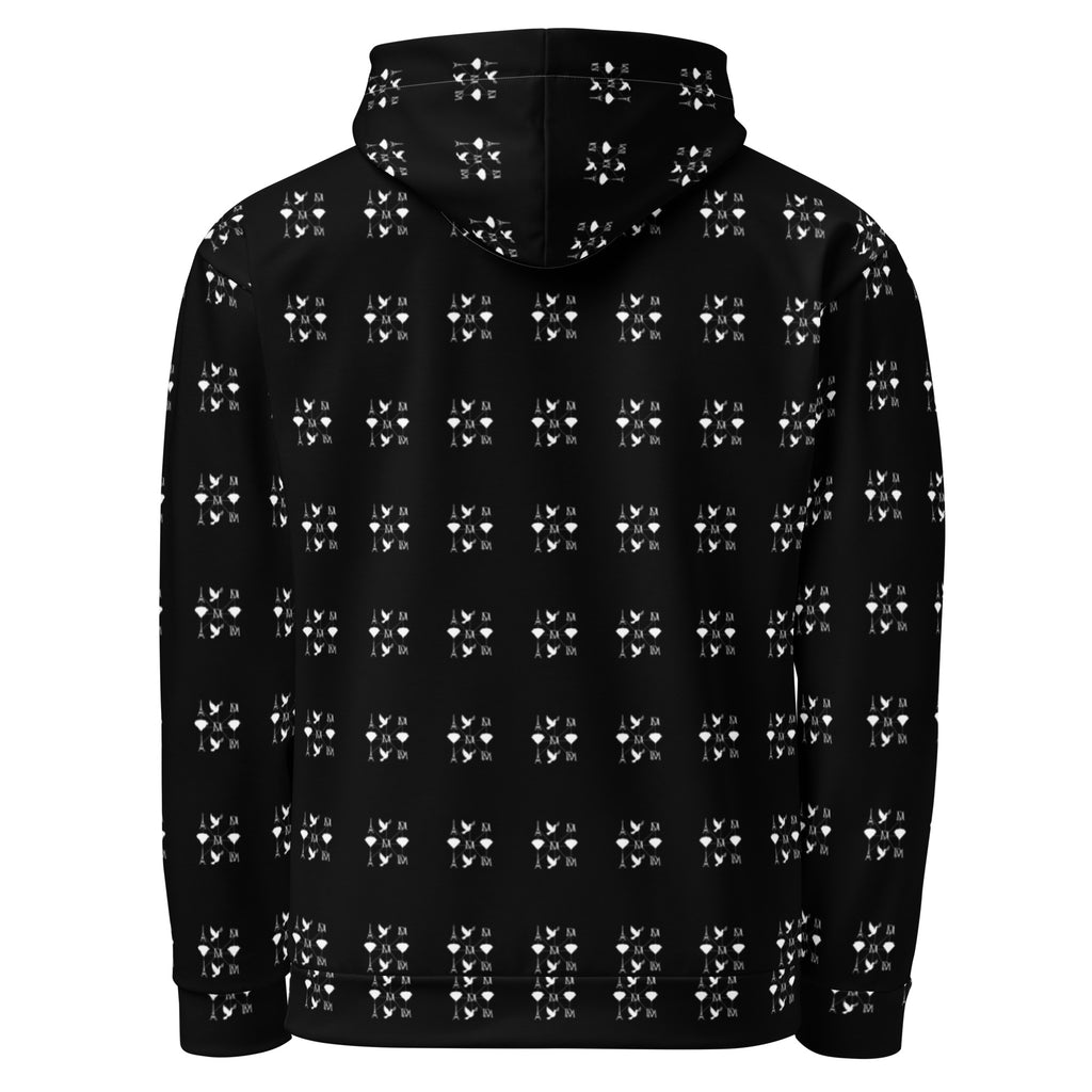 Daemon Makara Coroner unisex recycled hoodie with all-over white print, featuring a hood and casual fit.