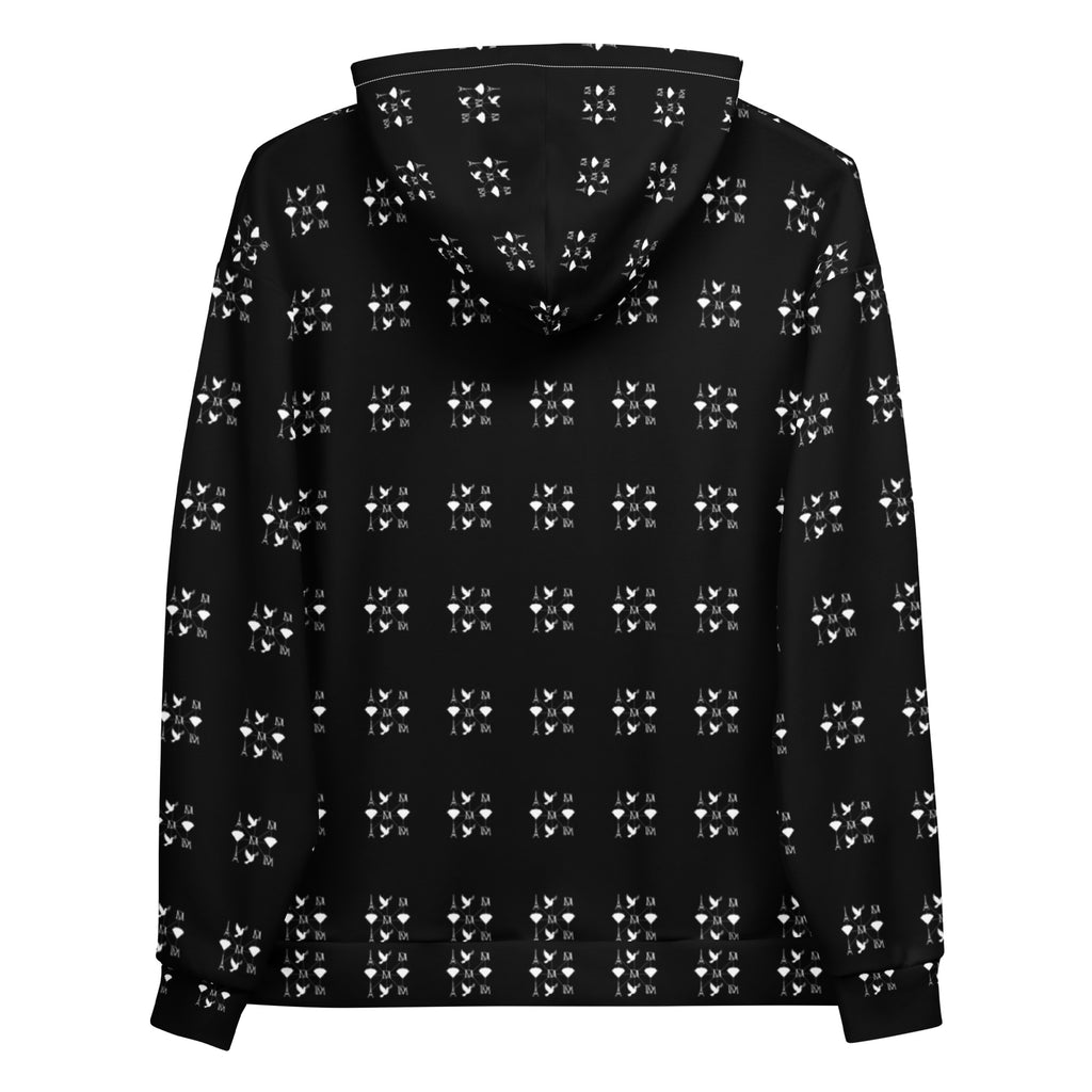 Daemon Makara Coroner unisex hoodie with all-over recycled print, featuring a white background and hooded design.