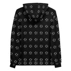 Daemon Makara Coroner unisex hoodie with all-over recycled print, featuring a white background and hooded design.