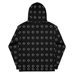 Daemon Makara Coroner unisex hoodie with all-over recycled print, white background, featuring graphic design on the back.