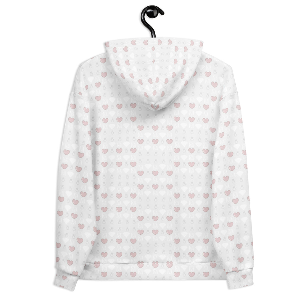 Recycled white unisex hoodie with all-over frosted diamond print by Daemon, featuring a cozy hood and casual fit.