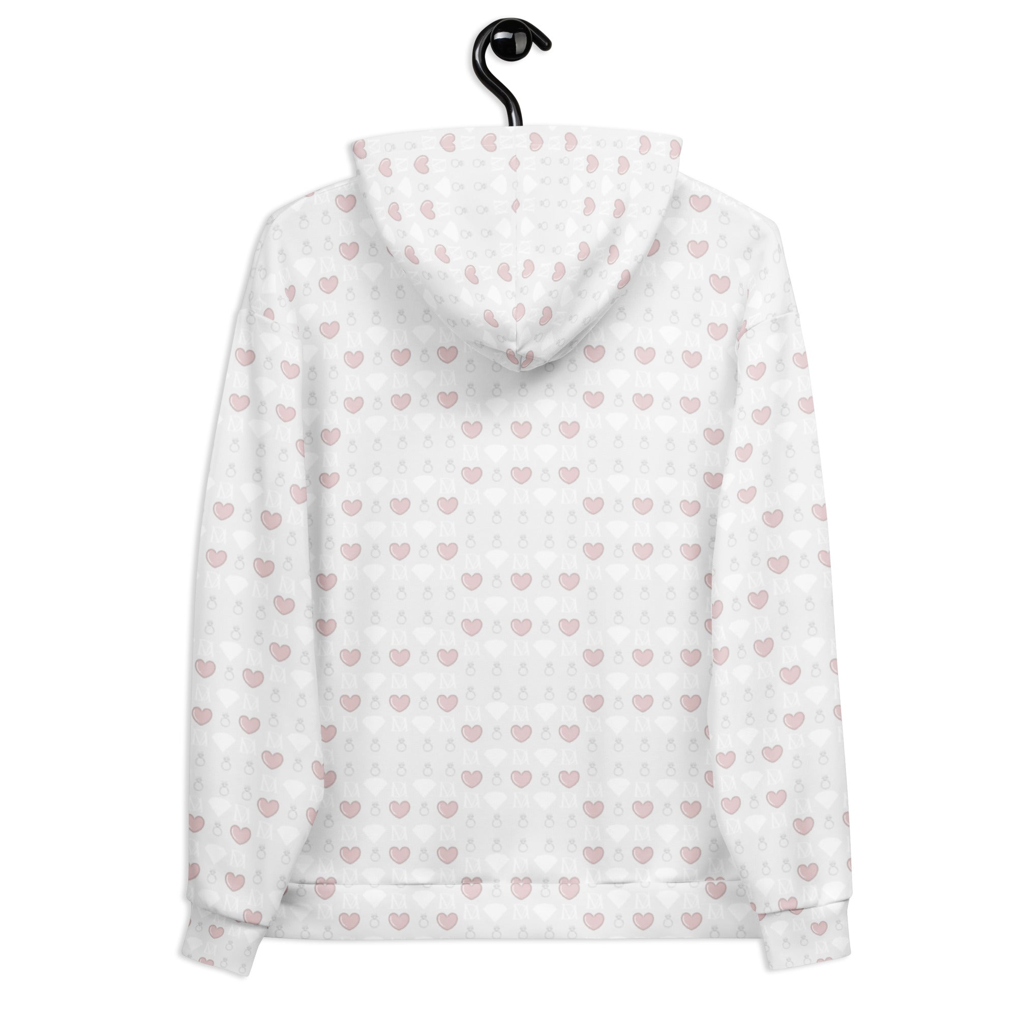 Recycled white unisex hoodie with all-over frosted diamond print by Daemon, featuring a cozy hood and casual fit.