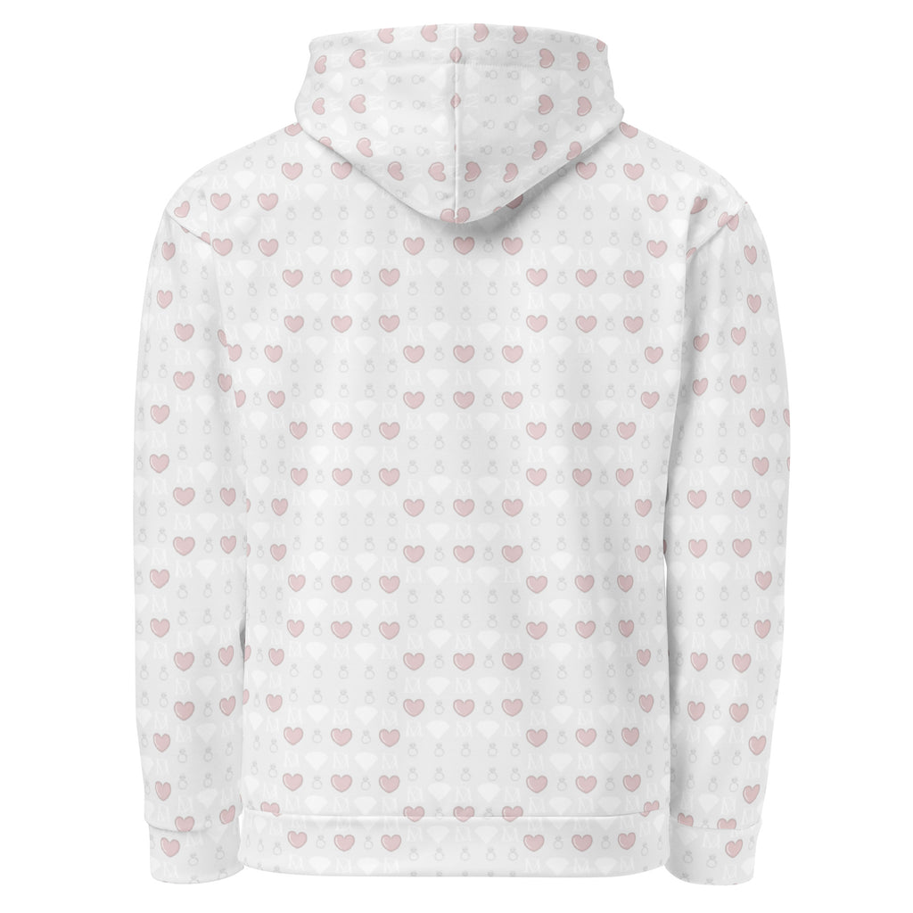 All-over white recycled unisex hoodie with frosted diamond print and Daemon branding on the back.