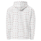 All-over white recycled unisex hoodie with frosted diamond print and Daemon branding on the back.