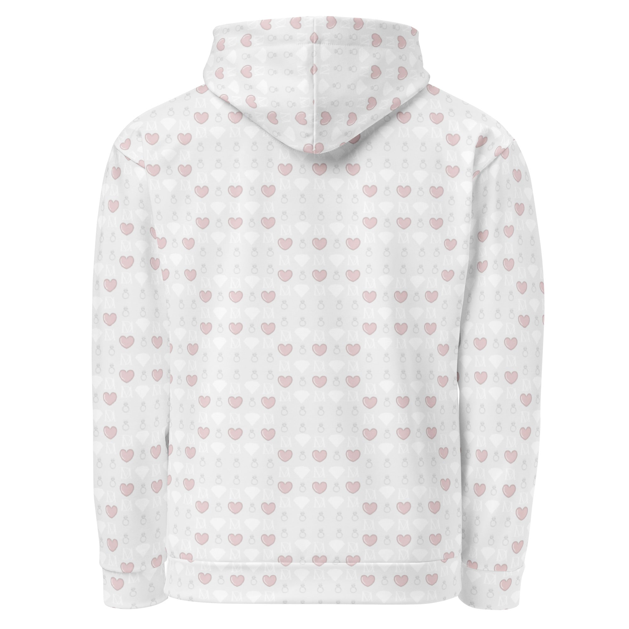 All-over white recycled unisex hoodie with frosted diamond print and Daemon branding on the back.